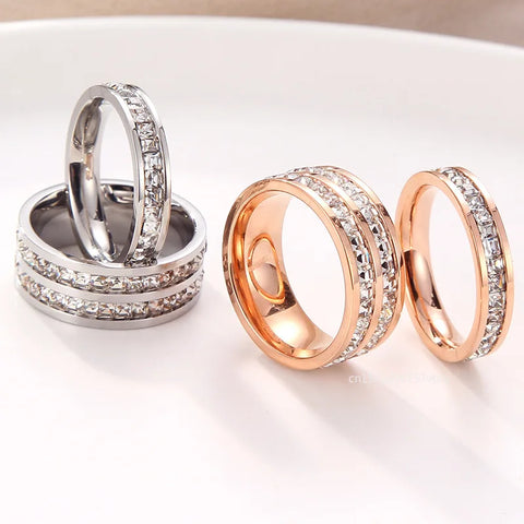 Luxury Rose Gold Color Double Row Square Zircon Stainless Steel Ring for Women Romantic Engageme Wedding Party Jewelry Female