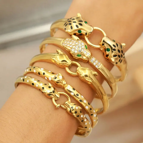 Classic Stainless Steel Crystal Leopard Bangles for Women Vintage Animal Bracelets Rust-proof Wrist Jewelry Gift Party