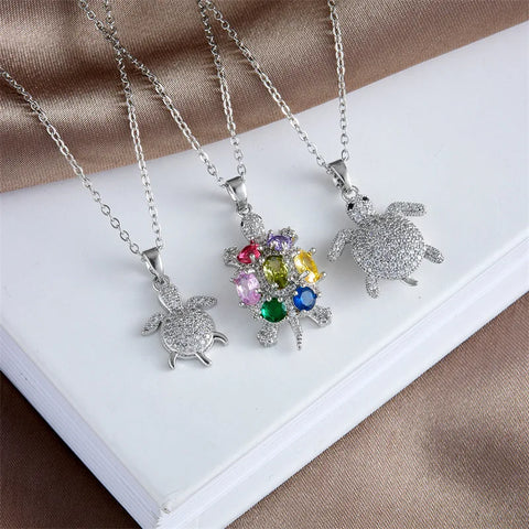 Colorful Zircon Cute Tortoise Pendant Necklaces for Women Girls Stainless Steel Trendy Romantic Jewelry Accessories Gifts