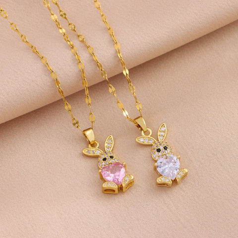 New 316L Stainless Steel Cute Zircon Rabbit Necklaces Earrings For Women Trendy Female Jewelry Set Girls Fashion Clavicle Chain