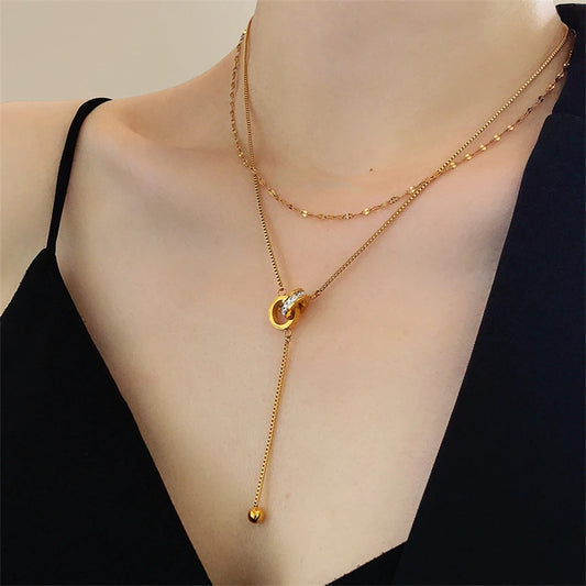 316L Stainless Steel 2 Layer Circle Zircon Tassels Pendant Charms Chain Necklaces Ladies Fashion Exquisite Jewelry Party Gifts