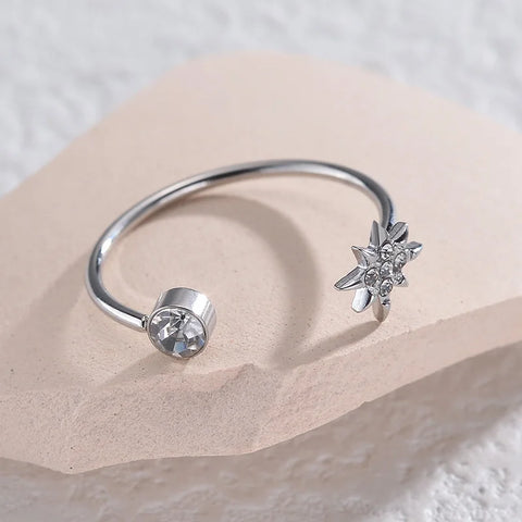 Vintage Stainless Steel Heart Star Women Finger Rings Adjustable Crystals Open Rings For Girls Wedding Gift Jewelry