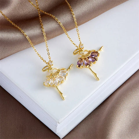 Colorful Zircon Ballerina Girl Pendant Necklaces for Women Girls Stainless Steel Trendy Romantic Jewelry Accessories Gifts