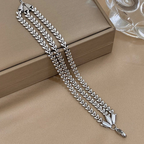 Greatera Trendy Tricolor Stainless Steel Layered Leaf Chain Bracelets for Women Gold Plated Metal Bracelet Waterproof Jewelry