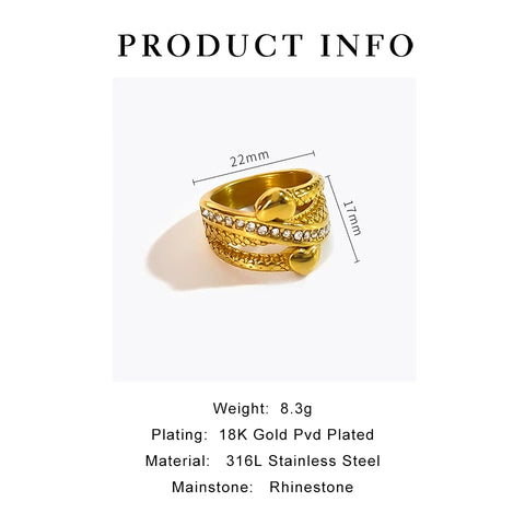 Peri'sbox Waterproof Stainless Steel Gold Plated Double Heart Cz Cross Finger Ring Women Statement Layered Textured Wide Rings