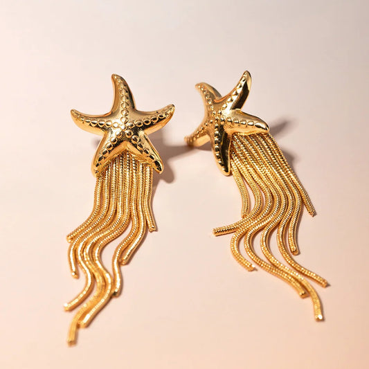 Uworld Stainless Steel Starfish Long Chain Tassel Drop Dangle Earrings Women 18K PVD Plated Waterproof Temperament Jewelry