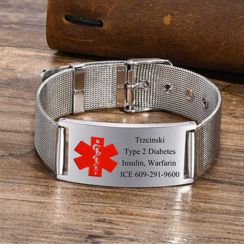 Free Personalized Medical Alert ID Bracelets for Men, Waterproof 10mm/16mm Wide Stainless Steel Mesh Band Wristband ICE Jewelry