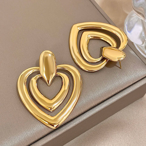 Exaggerated Gold Plated Stainless Steel Drop Earrings for Women Geometric Doubelayer Circle Love Waterdrop Earring Charm Jewelry