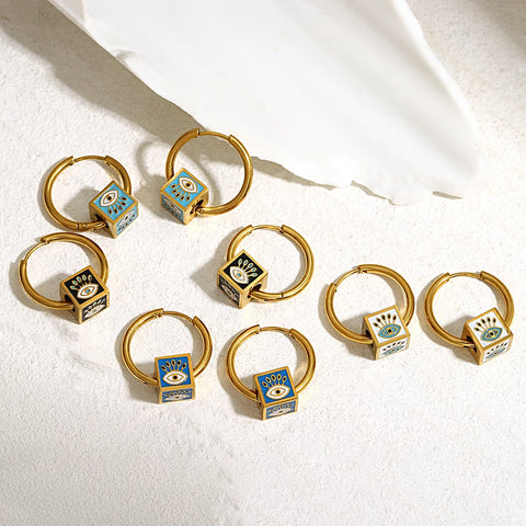 Greatera 18K Gold Plated Stainless Steel Enamel Evil Eye Cube Beads Hoop Earrings for Women Multicolor Waterproof Jewelry 2024