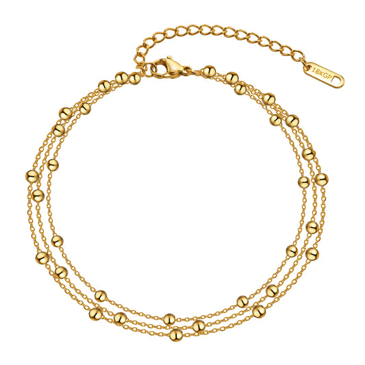 18k Gold Plated Stainless Steel Layered Chain With Beaded Anklet Bracelet for Women