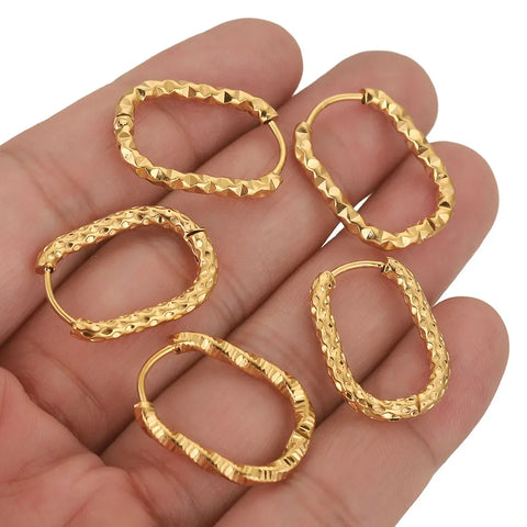 6pcs Lot Stainless Steel Oval Point Embossing Ear Rings Gold Plated Korean Earrings Hoops Earring for Women Female Metal Luxury