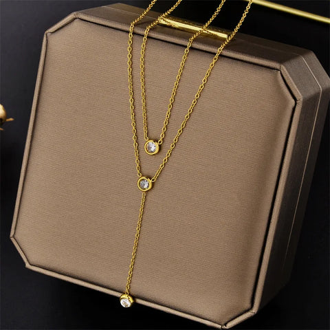 Multilayer Stainless Steel Crystal Pendant Necklace for Women Dainty Layered Necklace Choker Jewelry