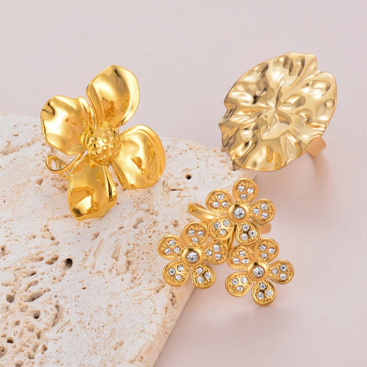Waterproof 18K Gold Color Stainless Steel Flower Big Open Ring for Women Trendy Fashion Party Daily Wear Statement Jewelry