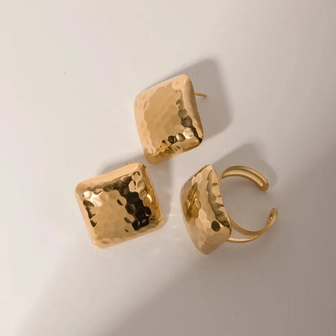 Stainless Steel Chubby Hammer Grain Square Ring Earrings Personalized Gold Color Texture Waterproof Charm Bijoux Jewelry Sets