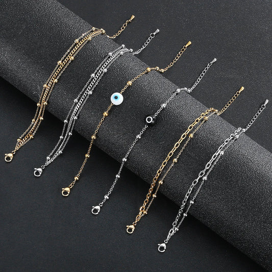 Quality Jewelry Classic Women Gift Waterproof Durable Non Fading Metal Stainless Steel Double Row Bead Chain Exquisite Bracelets