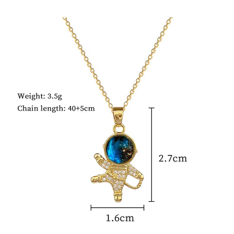 Cute Stainless Steel Chain Blue Stone Spaceman Pendant Necklace for Women Lady Vintage Jewelry Daily Party Accessories Gifts