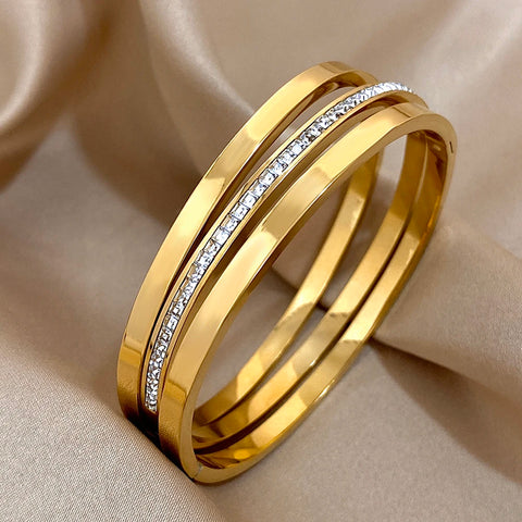 3pcs Simple Gold Plated Texture Inlaid Crystal Cuff Bracelets for Women Unique Stainless Steel Chic Stackable Jewelry Bracelets