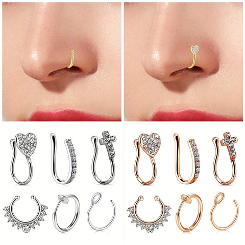 3-6PCS Rhinestone Horseshoe U Shaped Faux Nose Clip,Stainless Steel Fake Hoop Nose Ring,  Non Piercing Nose Jewelry