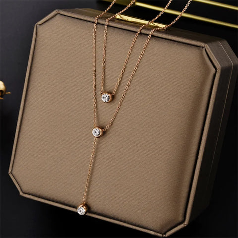 Multilayer Stainless Steel Crystal Pendant Necklace for Women Dainty Layered Necklace Choker Jewelry