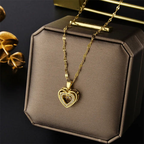 Cute Beating Heart Crystal Pendant Necklace For Women Korean Fashion Stainless Steel Clavicle Chain Female Sexy Wedding Jewelry