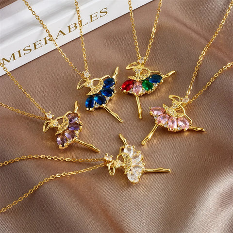 Colorful Zircon Ballerina Girl Pendant Necklaces for Women Girls Stainless Steel Trendy Romantic Jewelry Accessories Gifts