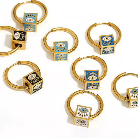 Greatera 18K Gold Plated Stainless Steel Enamel Evil Eye Cube Beads Hoop Earrings for Women Multicolor Waterproof Jewelry 2024