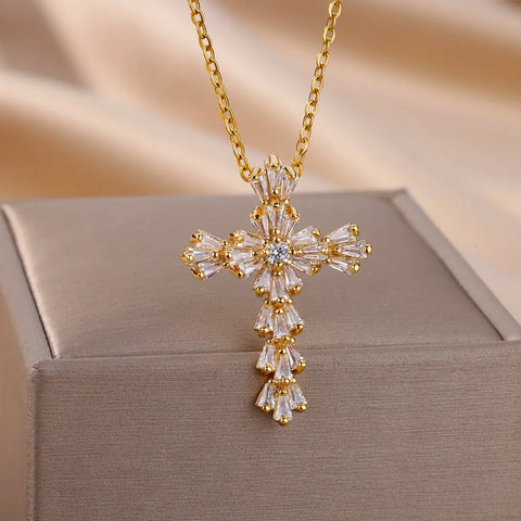 316L Stainless Steel Zircon Jesus Cross Pendant Necklaces For Women Hip Hop Gold Color Cross Necklace Party Jewelry Gift