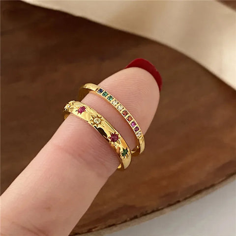 INS Stainless Steel Rainbow Color Cubic Zircon Stone Finger Rings for Women Gold Color Waterproof Stars Ring Jewelry Gift