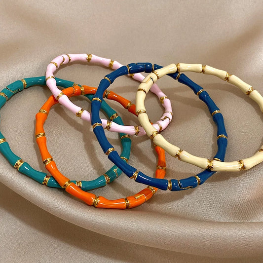 Stylish Colorful Bamboo Enamel Bangle Bracelet for Women Minimalist 316L Stainless Steel Gold Color Bracelets Fashion Jewelry