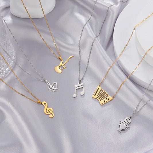 Skyrim Music Note Guitar Pendant Necklace for Women Men Stainless Steel Gold Color Microphone Accordion Neck Chain Jewelry Gift