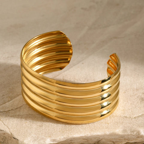 Uworld Luxury Stainless Steel Statement Gold Color Cuff Bracelet Bangle Metal Texture Temperament Fashion Waterproof Jewelry