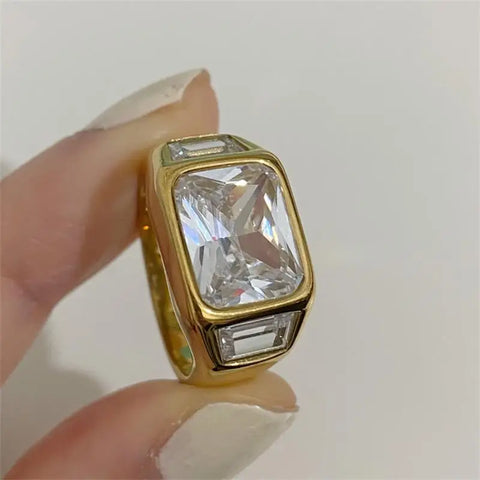 French Romantic Shiny White Square Crystal Zircon Wed Rings Waterproof Stainless Steel CZ Ring 18K Gold Plated  Jewelry Gift New