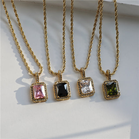 Non Tarnish & Waterproof  Square Stone Pendant Necklace Stainless Steel  Jewelry