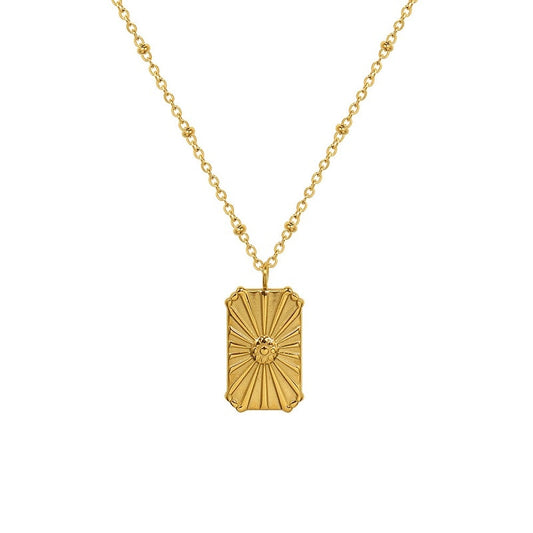 18K Gold Plated 316L Stainless Steel Simple Square Brand Engraved Flower Pendant Necklace For Women Girls Tarnish Free