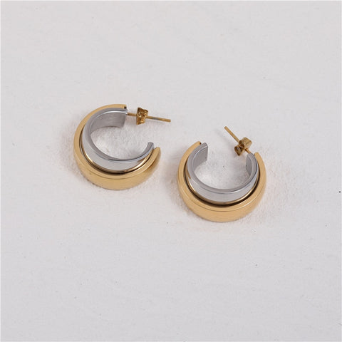 Waterproof & Tarnish Free Minimalist NO Fade Double Color Overlapping Stitching Earrings Stainless Steel Jewelry