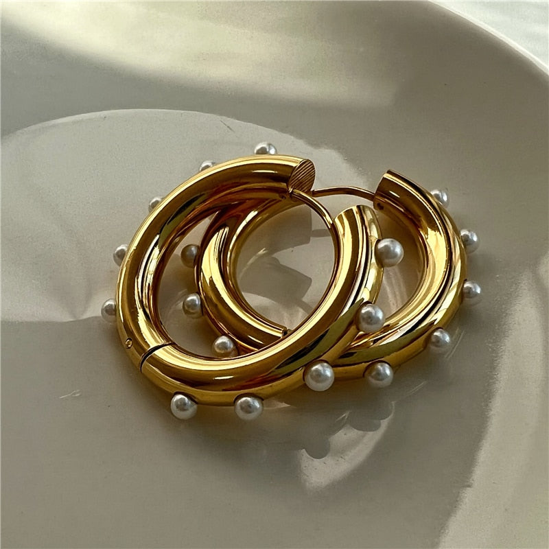 Waterproof & Tarnish Free Pearl Hoop Earrings PVD Plated Stainless Steel Jewelry