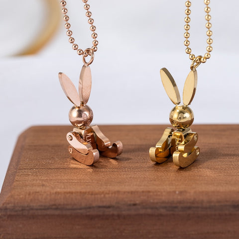 YUN RUO Trendy Mobile Rabbit Pendant Necklace Yellow Gold Color 316L Titanium Steel Jewelry Woman Gift Never Fade Hypoallergenic