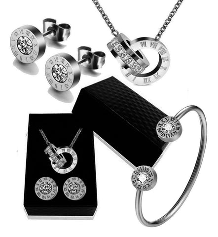 Luxury Roman Numeral Necklace Earring Bracelet Set For Women Wedding Party 316L Stainless Steel Wedding Jewelry Set Gift Box