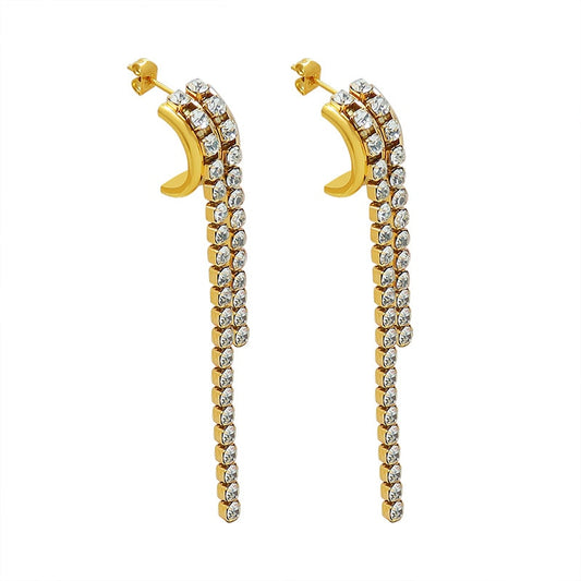 Dropshipping Titanium Steel Zircon Tennis Chain Tassels Earrings For Women Stainless Steel Tassels Stud Earring Tarnish Free