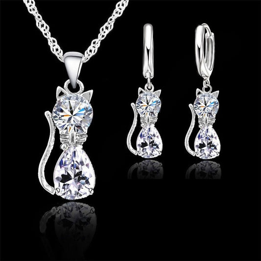 Real 925 Sterling Silver Jewelry Sets for Woman Girls Shining 7 Colors Austrian Crystal Cute Cat Pendant Necklace Huggie Earring