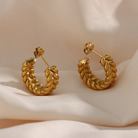 High End Fashion Tarnish Free Funky Earrings18K Gold Plated Stainless Steel Wheat Grain Aesthetic Hoop Earrings For Women