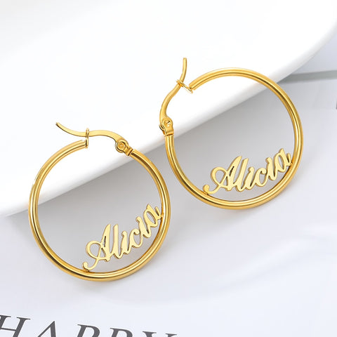 Personalized Name Stainless Steel Letter Stud Earrings For Women Fashion Custom Name Piercing Earrings Nameplate Open Round