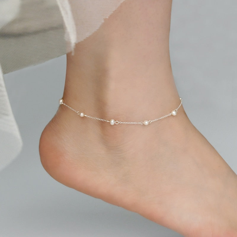 ASHIQI 925 Sterling Silver Anklet Natural Pearl Chain Bohemian Vintage Footwear Leg Bracelets Female Foot Jewelry