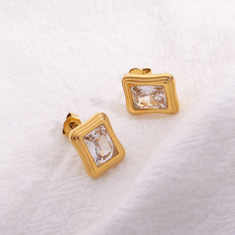 Tarnish Free Jewelry 18K Gold Stainless Steel Bling 3A Zircon Square Stud Earring Pendant Necklace Set For Women Girl Gift