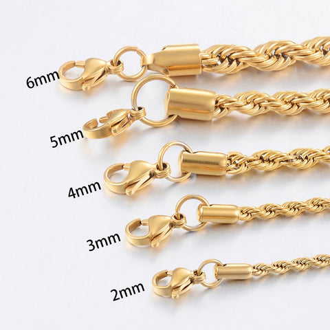 Width 2/4/6mm Stainless Steel Gold Rope Chain Necklace Statement Swag 316L Stainless Steel Twisted Necklace Chain Gold