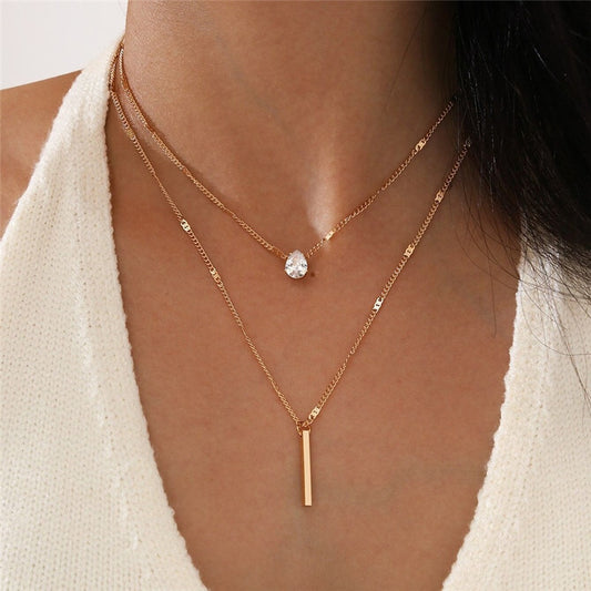 Simple Crystal Geometric Gold Pendant Necklace