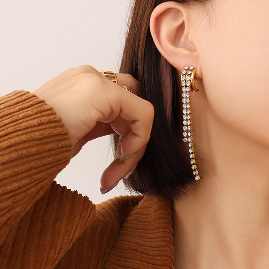 Dropshipping Titanium Steel Zircon Tennis Chain Tassels Earrings For Women Stainless Steel Tassels Stud Earring Tarnish Free