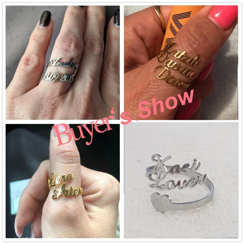 Skyrim Custom Double Name Rings Adjustable Gold Color Stainless Steel Personalized Nameplate Women Men Family Ring Jewelry Gift