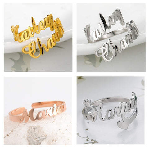 Skyrim Custom Double Name Rings Adjustable Gold Color Stainless Steel Personalized Nameplate Women Men Family Ring Jewelry Gift