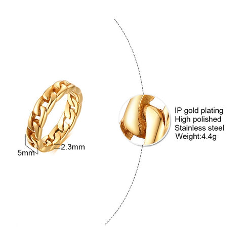 Vnox 5/7/14mm Fixed Chain Shaped Ring for Women Gold Tone Stainless Steel Finger Band Chic Punk Mechanical Links Jewelry